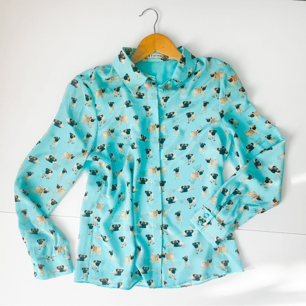Alice + Olivia Women’s Silk Willa Placket Collared Button up in Pug Print Med